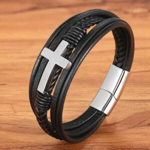 Armband mit Kreuz, silberfarben, Leder/Edelstahl, 21cm