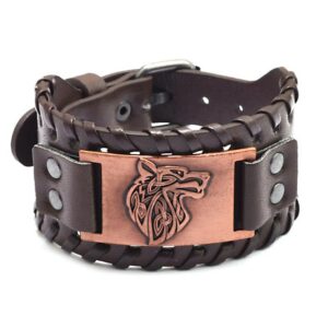 Leder Armband mit Motiv Wolf, 4x27cm braun/kupfer