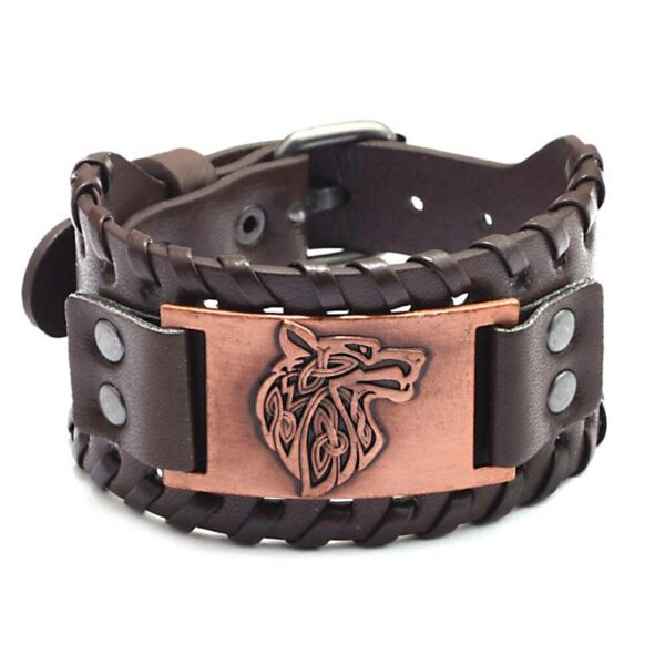 Leder Armband mit Motiv Wolf, 4x27cm braun/kupfer