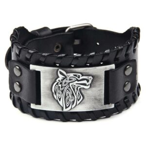 Leder Armband mit Motiv Wolf, 4x27cm schwarz/silber