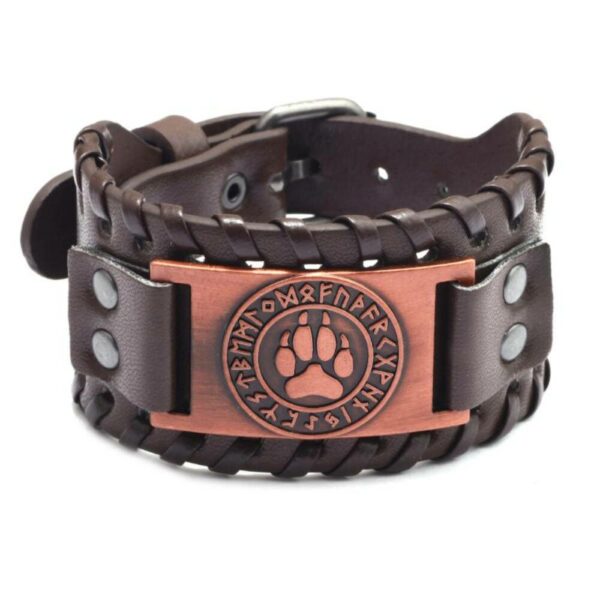 Leder Armband mit Motiv Wolfpfote mit nordischen Zeichen, 4x27cm