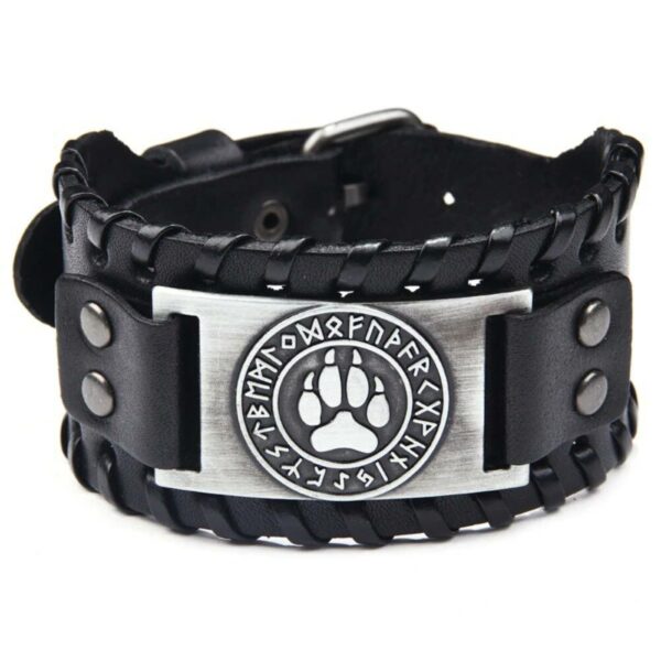 Leder Armband mit Motiv Wolfpfote mit nordischen Zeichen, 4x27cm schwarz/silber