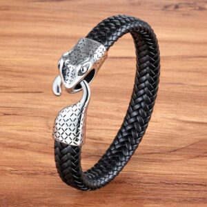 Leder Armband Schlangenekopf, silberfarben, Leder/Edelstahl, 21cm
