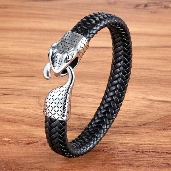 Leder Armband Schlangenekopf, silberfarben, Leder/Edelstahl, 21cm