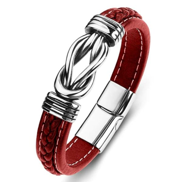 Lederarmband mit Edelstahldesign und Flechtung, Magnetverschluss Farbe rot 22cm