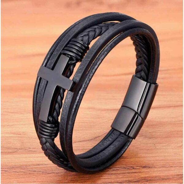 Schwarzes Armband mit Kreuz, Leder/Edelstahl, 21cm